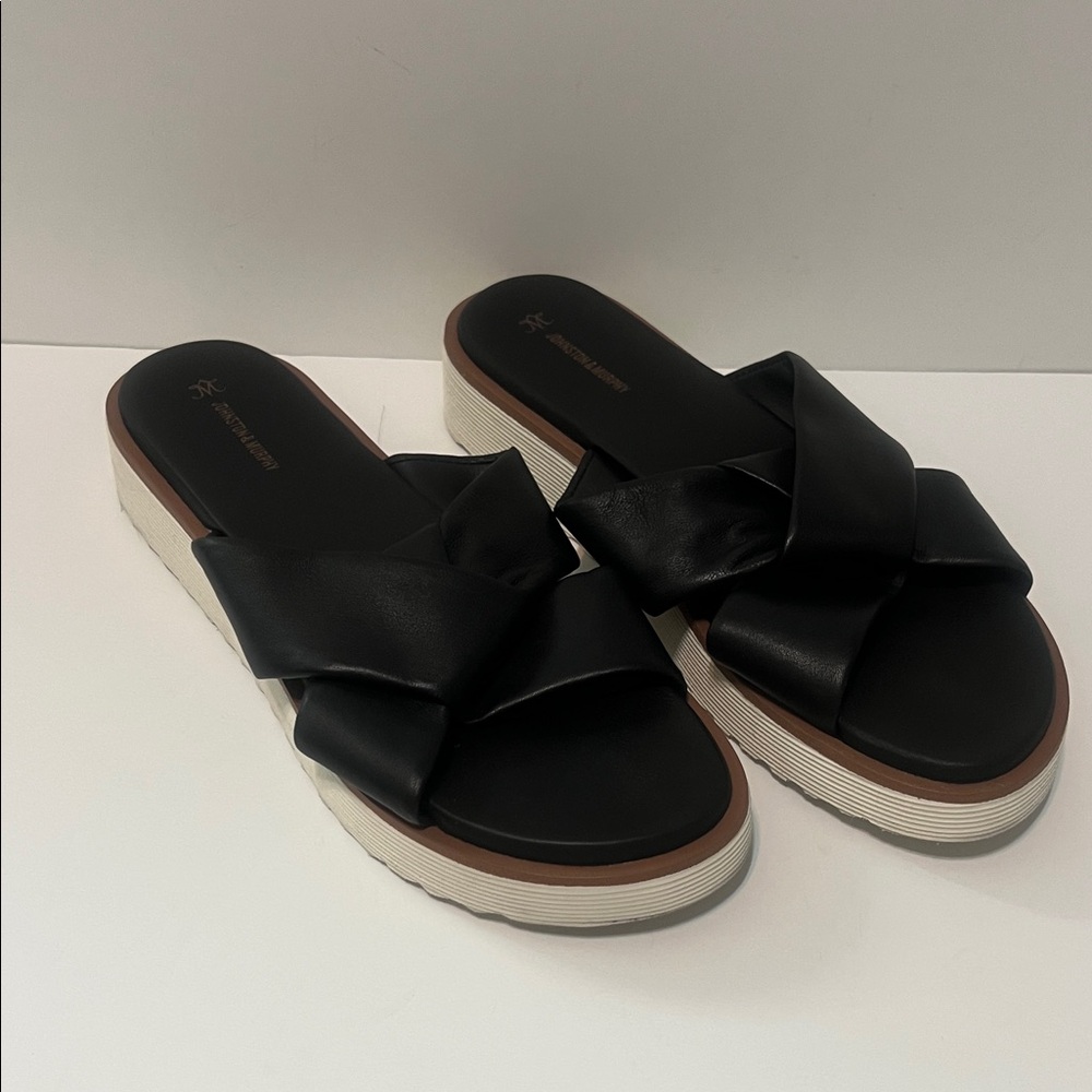 Johnston & Murphy Mitzi knotted platform slide sandals in black leather